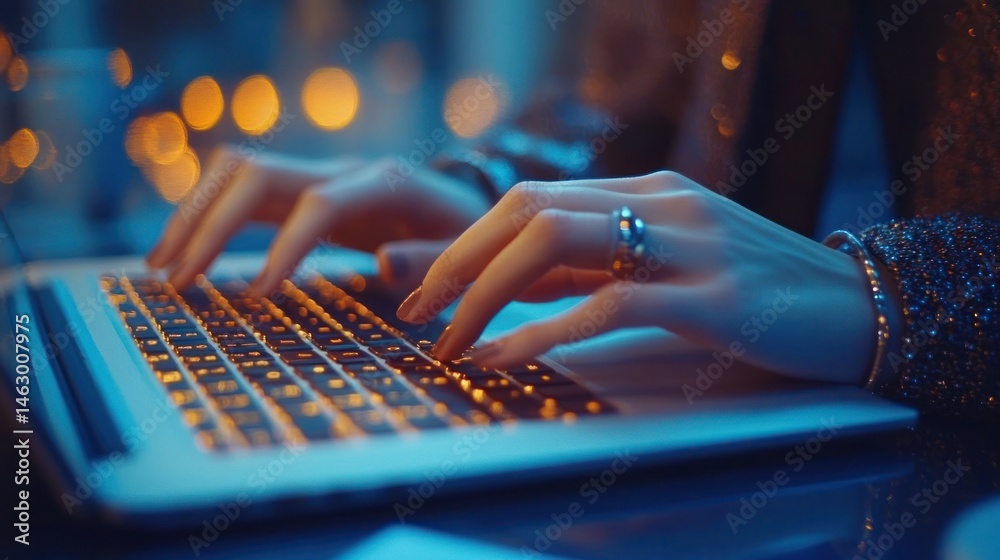 Close-up of hands typing on a backlit laptop keyboard in a dim, cozy environment with warm glowing bokeh lights in the background