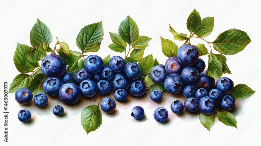 A close-up of ripe blueberries arranged with green leaves on a white background, showcasing freshness and natural beauty
