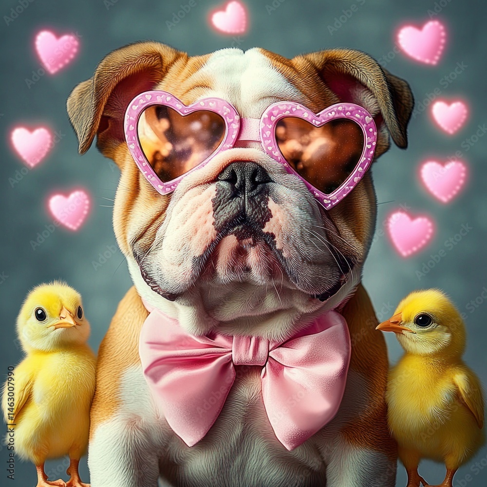 bulldog wearing pink heart-shaped sunglasses and a pink bow tie surrounded by two yellow chicks and floating pink hearts expressing affection and charm