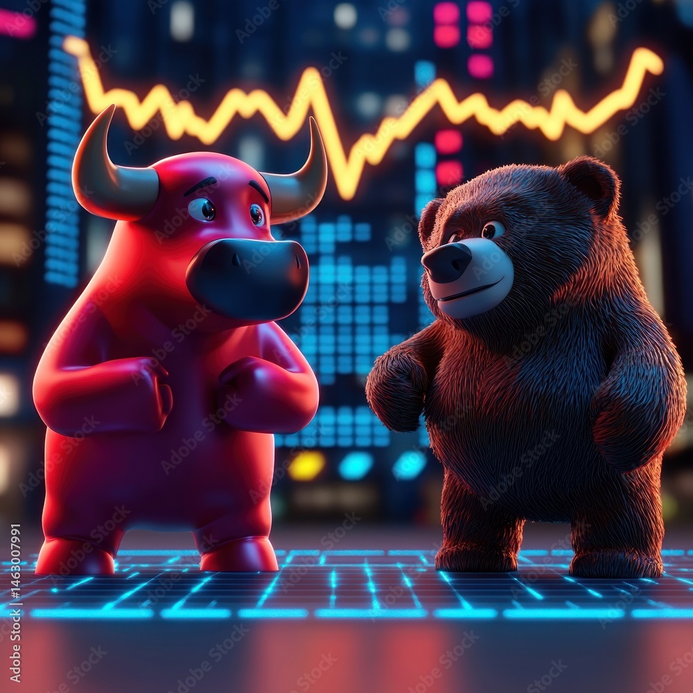 A determined red bull and a confident brown bear standing on a digital stock market grid with fluctuating charts in the background symbolizing market trends and competition