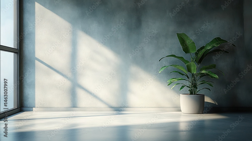 sunlight streaming through large window casting shadows on empty floor with a single large green potted plant against plain gray textured wall