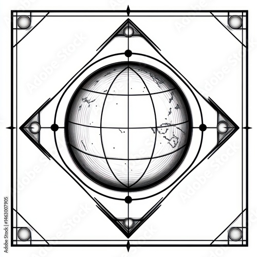 Obraz na płótnie Black and white geometric design featuring a central globe with latitude and longitude lines inside a diamond shape bordered by concentric squares and ornate corner elements w salonie