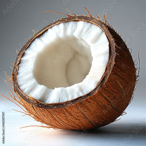Close-up of a half coconut showing the rough brown shell and white fibrous coconut flesh inside on a neutral gray background