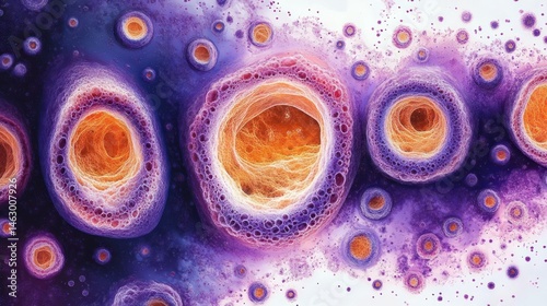 Obraz na płótnie Detailed close-up of microscopic view showing multiple round cell-like structures with orange centers and purple outer layers against a white background w salonie