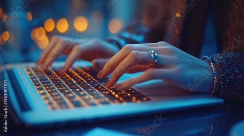 Obraz na płótnie Close-up of hands typing on a backlit laptop keyboard in a dim, cozy environment with warm glowing bokeh lights in the background w salonie