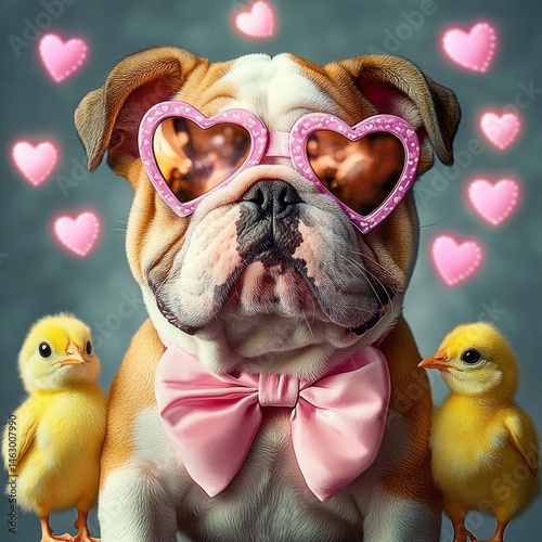 Obraz na płótnie bulldog wearing pink heart-shaped sunglasses and a pink bow tie surrounded by two yellow chicks and floating pink hearts expressing affection and charm w salonie