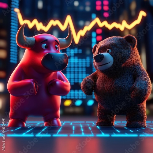 Obraz na płótnie A determined red bull and a confident brown bear standing on a digital stock market grid with fluctuating charts in the background symbolizing market trends and competition w salonie