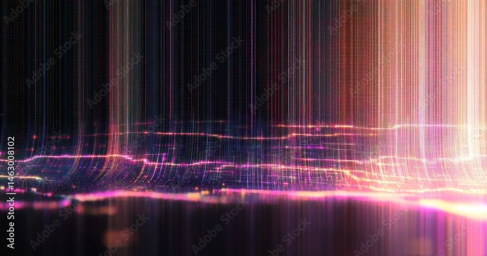 Abstract digital landscape with glowing neon lines and vertical light streaks creating a futuristic and dynamic atmosphere