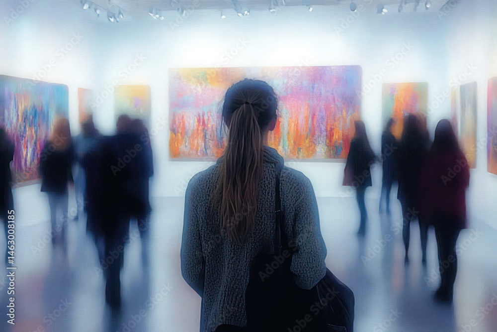 A woman with long hair and a sweater viewing vibrant abstract paintings in a softly lit art gallery filled with several blurred visitors