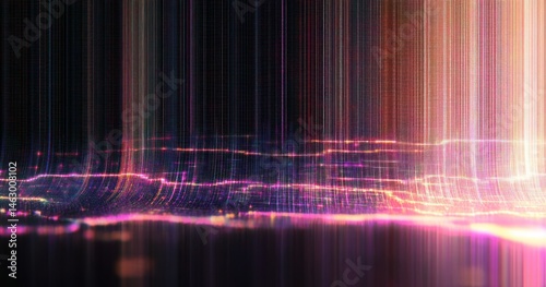 Obraz na płótnie Abstract digital landscape with glowing neon lines and vertical light streaks creating a futuristic and dynamic atmosphere w salonie