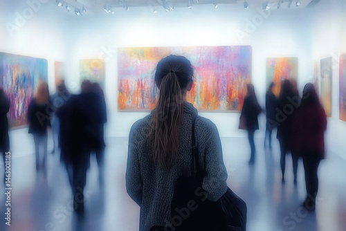 Obraz na płótnie A woman with long hair and a sweater viewing vibrant abstract paintings in a softly lit art gallery filled with several blurred visitors w salonie