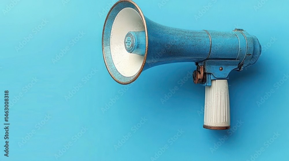 Close-up of a vintage blue and white megaphone against a matching blue background, showing signs of rust and wear conveying a nostalgic and retro feeling