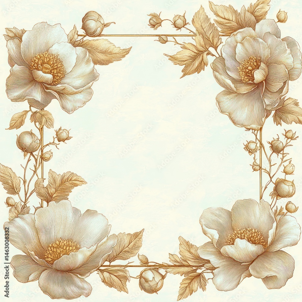 delicate vintage floral frame with large blooming flowers, leaves, and buds arranged symmetrically on soft beige background