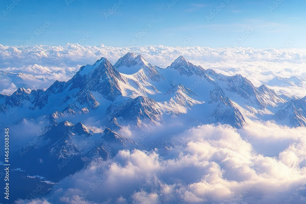 Snow-covered mountain peaks rising above thick clouds under a clear blue sky suggesting serenity and majesty