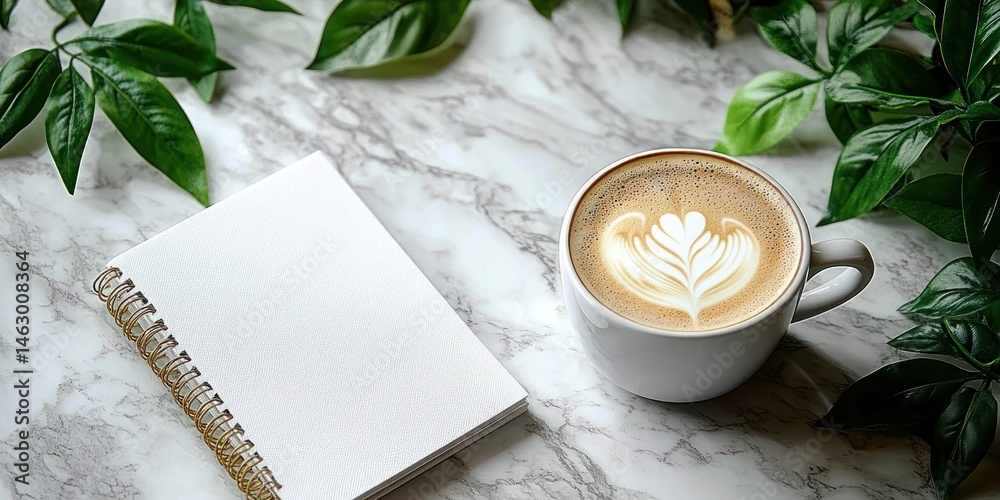 white spiral notebook and cup of coffee with latte art on marble surface surrounded by green leaves