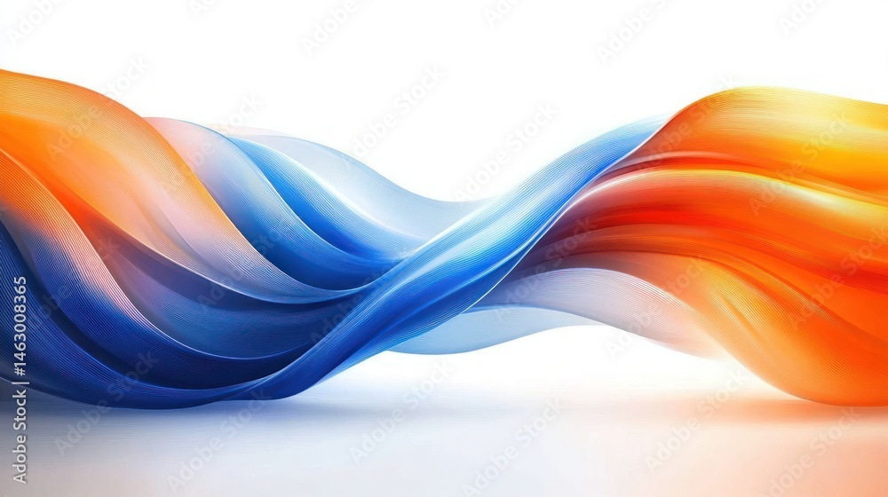Flowing abstract ribbon shapes intertwining with vibrant blue and orange gradients creating dynamic smooth waves on white background
