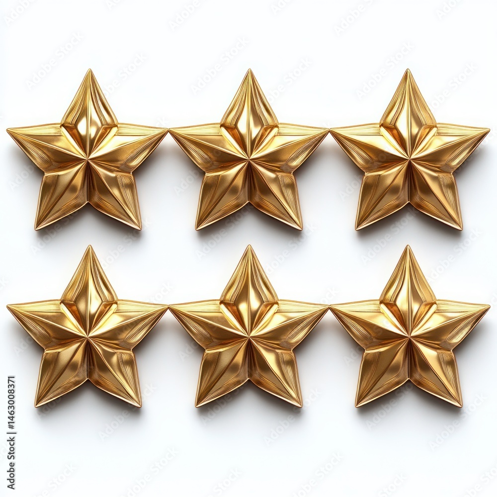Six shiny gold five-pointed stars arranged in two rows on a white background symbolizing excellence and achievement