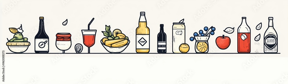 A variety of bottles, jars, glasses, and bowls containing drinks, fruits, and herbs arranged in a neat row with a light background