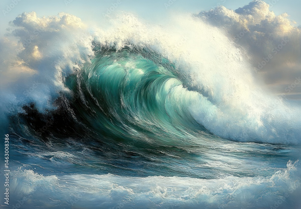 Powerful ocean wave crashing with white foam under a cloudy sky, capturing the dynamic energy and motion of the sea
