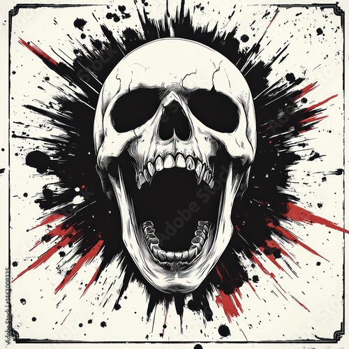 A detailed monochrome human skull with mouth wide open surrounded by dramatic black and red paint splatter on a light background