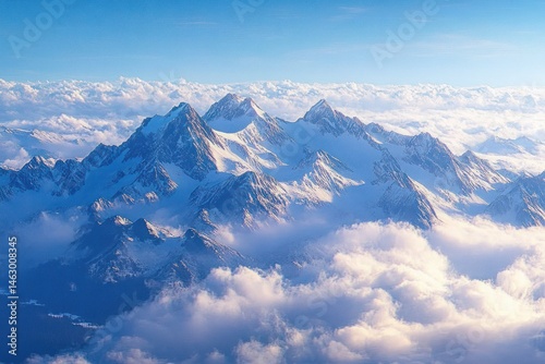 Obraz na płótnie Snow-covered mountain peaks rising above thick clouds under a clear blue sky suggesting serenity and majesty w salonie