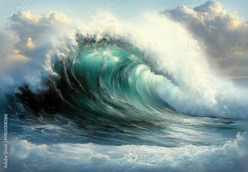 Obraz na płótnie Powerful ocean wave crashing with white foam under a cloudy sky, capturing the dynamic energy and motion of the sea w salonie