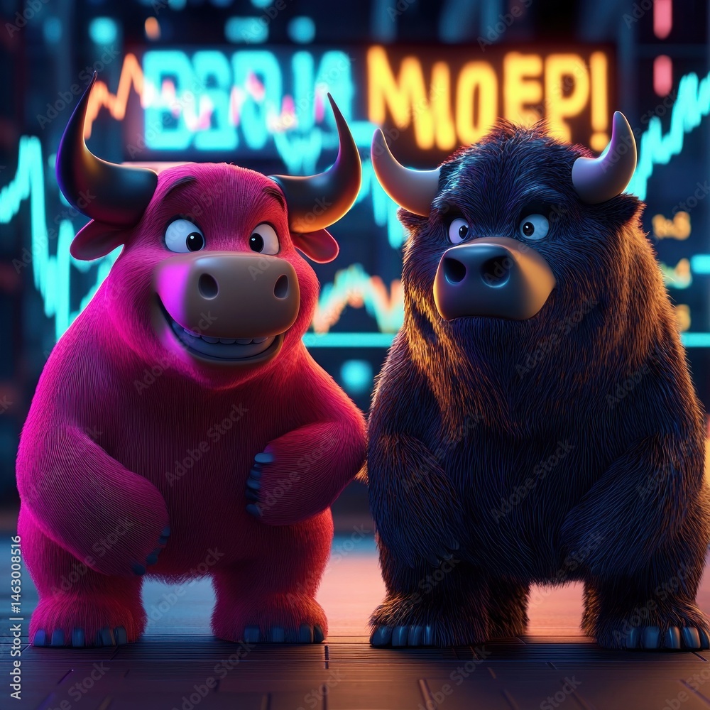 Two animated bulls, one red and smiling, the other black and serious, standing in front of colorful stock market graphs and symbols representing financial market trends