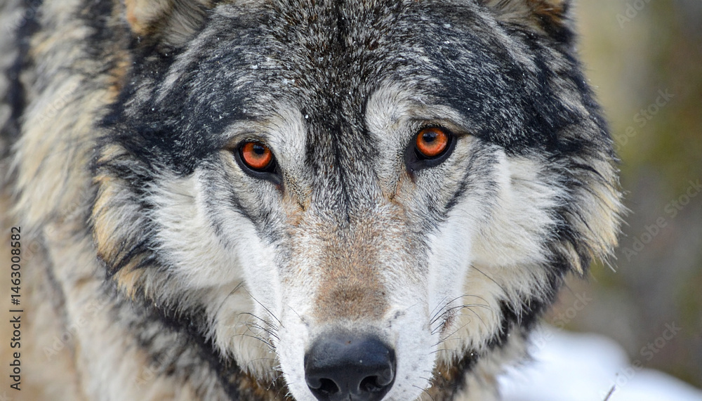 Fototapeta premium Alpha wolf with striking red eyes
