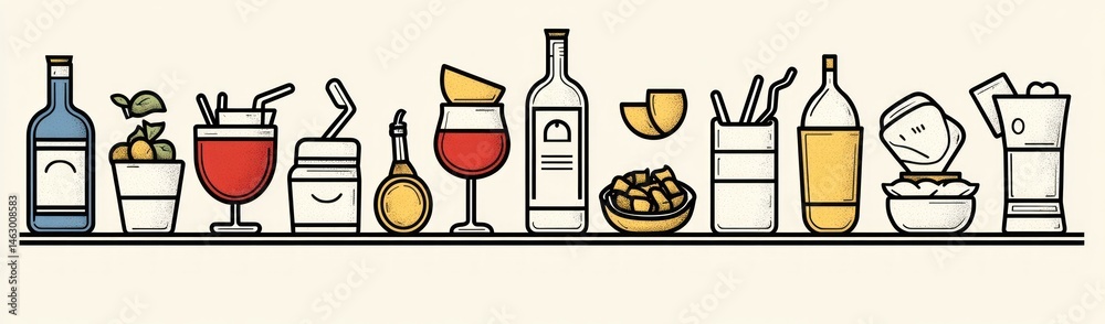 Line of various beverage bottles, glasses with straws, citrus fruits, and bowls of ice cubes in simple colorful illustration