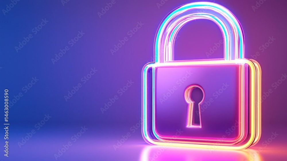 Glowing Padlock Security Icon with Neon Style on Purple Background Glowing Padlock Security Icon with Neon Style on Purple Background
