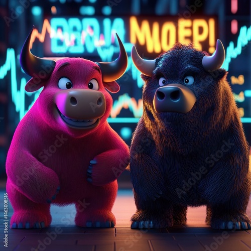 Obraz na płótnie Two animated bulls, one red and smiling, the other black and serious, standing in front of colorful stock market graphs and symbols representing financial market trends w salonie
