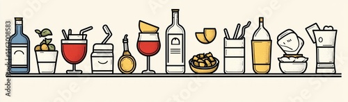 Obraz na płótnie Line of various beverage bottles, glasses with straws, citrus fruits, and bowls of ice cubes in simple colorful illustration w salonie