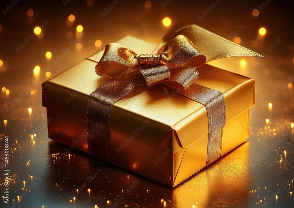 luxurious golden gift box wrapped with shiny metallic ribbon bow glowing under warm sparkling lights evoking festive and elegant atmosphere
