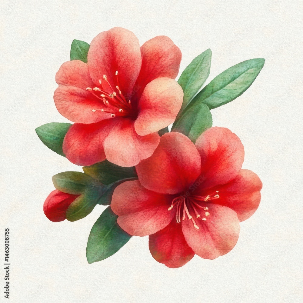 Close-up of two vibrant red flowers with lush green leaves on a light textured background, displaying delicate petals and yellow stamens, evoking freshness and natural beauty