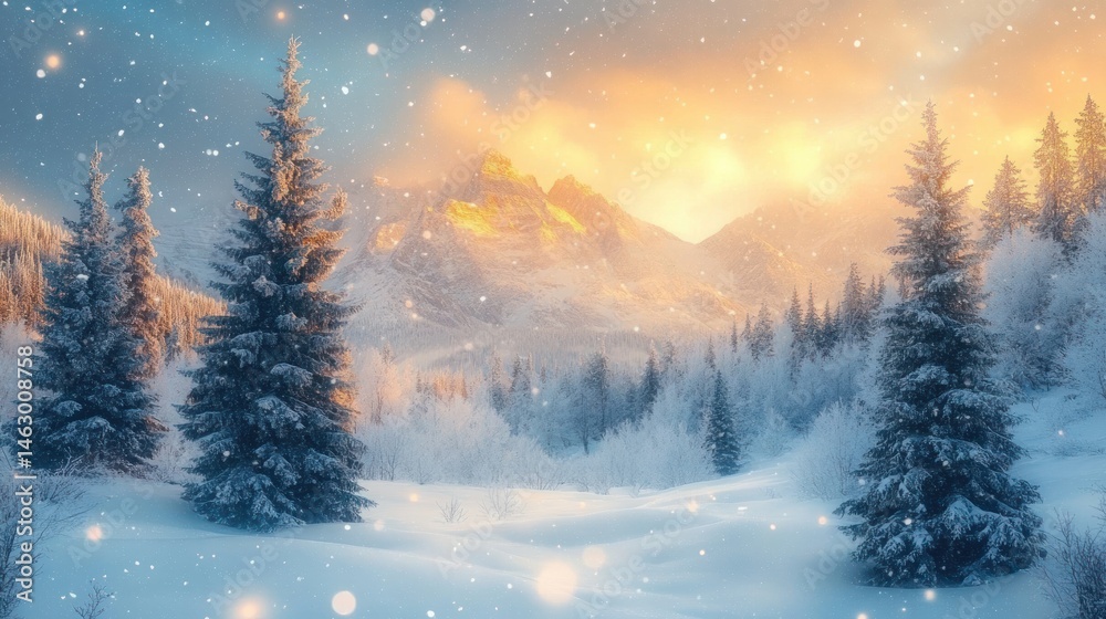 Snow-covered pine trees and frosted landscape under a golden glowing sky with soft falling snowflakes in a serene winter mountain scene