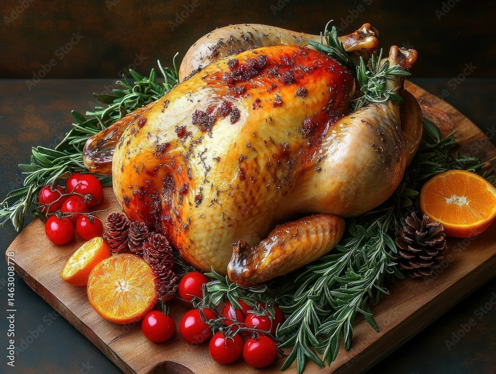 Golden roasted whole chicken garnished with fresh rosemary, cherry tomatoes, pine cones, and halved orange on wooden cutting board