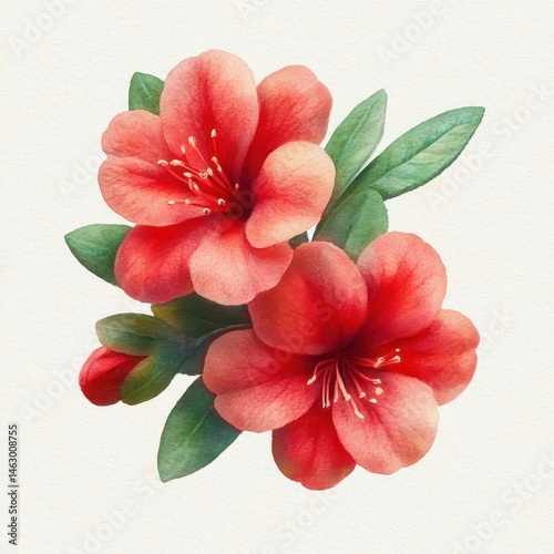 Obraz na płótnie Close-up of two vibrant red flowers with lush green leaves on a light textured background, displaying delicate petals and yellow stamens, evoking freshness and natural beauty w salonie