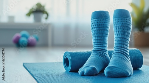 Wallpaper Mural Compression socks and foam roller laid on yoga mat in bright workout space Torontodigital.ca