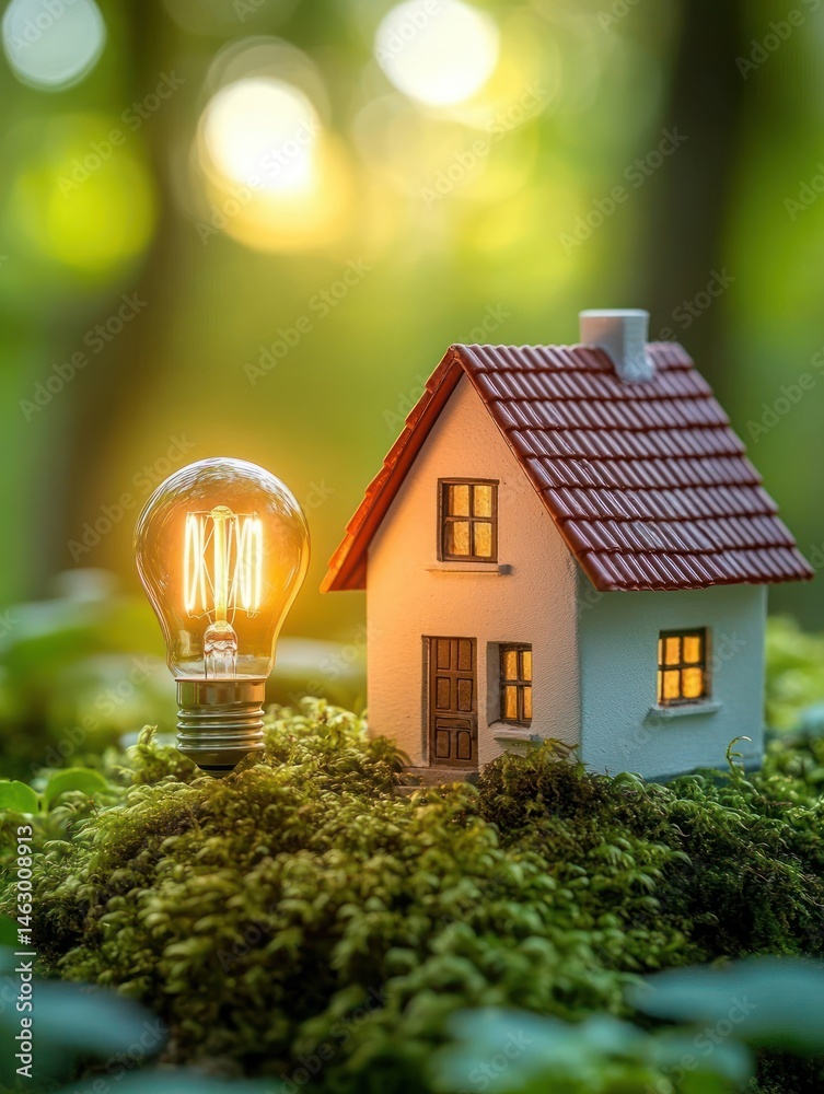Small illuminated house model with glowing light bulb on mossy ground in a bright green natural forest setting