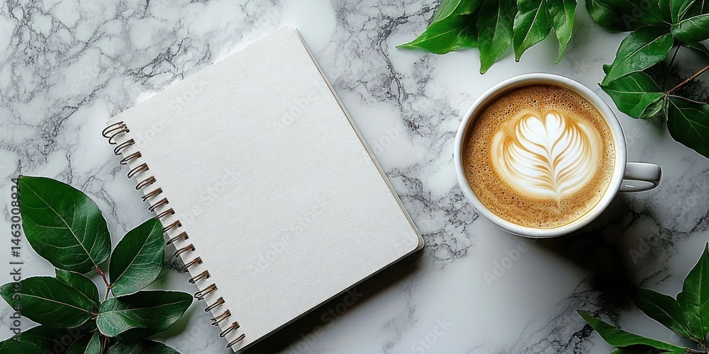 Overhead view of a blank spiral notebook beside a cup of latte with leaf pattern art and green leaves on a white marble surface, evoking calm and creativity
