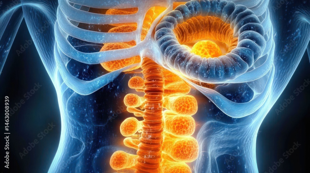 3D visualization of human spine and internal organs highlighting the rib cage, spinal column, and coiled intestinal structure with glowing orange details