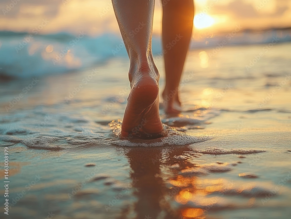 Close-up of bare feet walking on wet sandy beach with gentle waves and warm golden sunset light reflecting on water