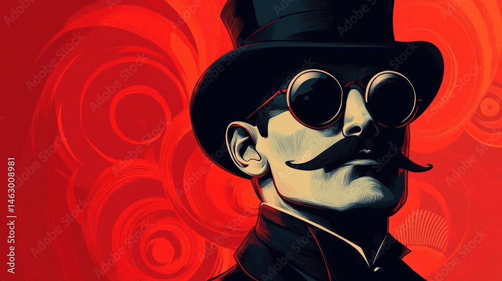 Stylized portrait of a man with a mustache wearing round dark sunglasses and a top hat against a bold red abstract background with swirling patterns