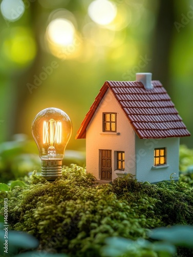 Obraz na płótnie Small illuminated house model with glowing light bulb on mossy ground in a bright green natural forest setting w salonie