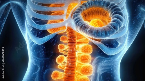 Obraz na płótnie 3D visualization of human spine and internal organs highlighting the rib cage, spinal column, and coiled intestinal structure with glowing orange details w salonie