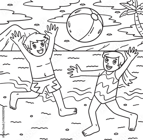Swimming Children Playing Beach Ball Coloring Page