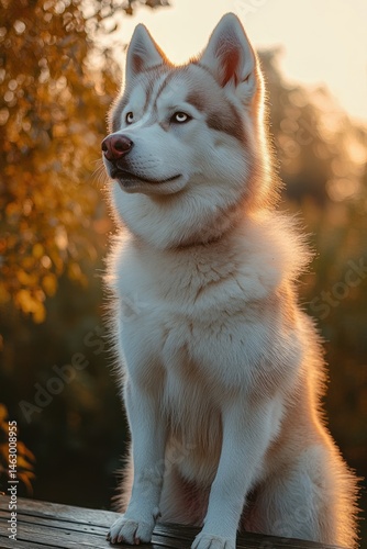 Obraz na płótnie majestic husky dog sitting outdoors with golden sunlight highlighting its fur and autumn foliage in the background w salonie