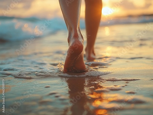 Obraz na płótnie Close-up of bare feet walking on wet sandy beach with gentle waves and warm golden sunset light reflecting on water w salonie