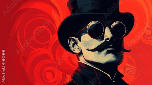 Obraz na płótnie Stylized portrait of a man with a mustache wearing round dark sunglasses and a top hat against a bold red abstract background with swirling patterns w salonie