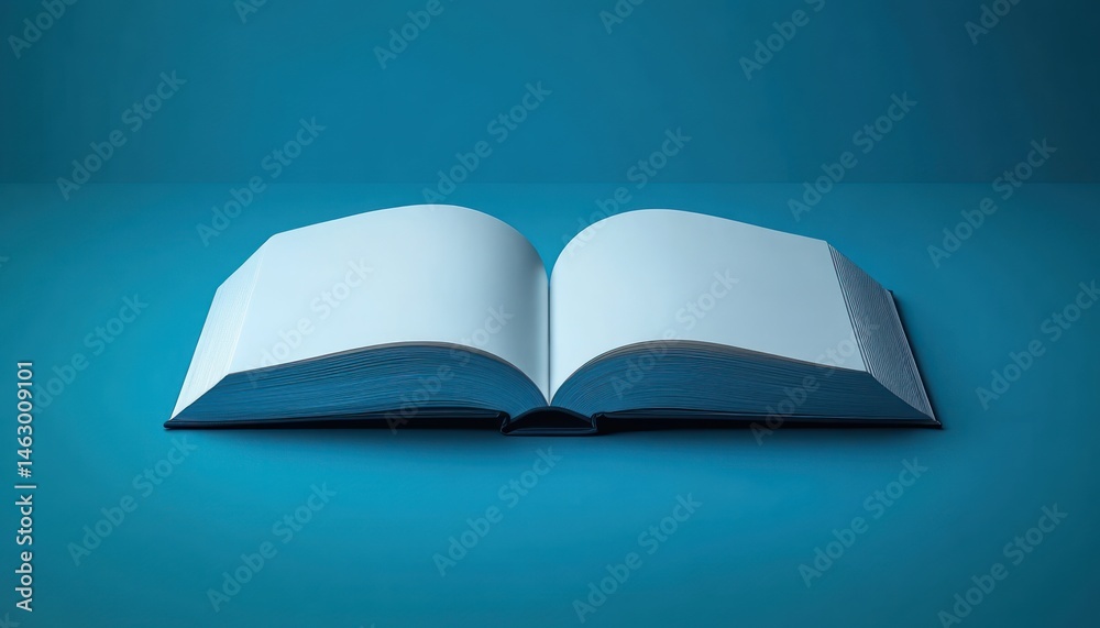 Open blank book laying on a blue surface with empty white pages visible under soft lighting